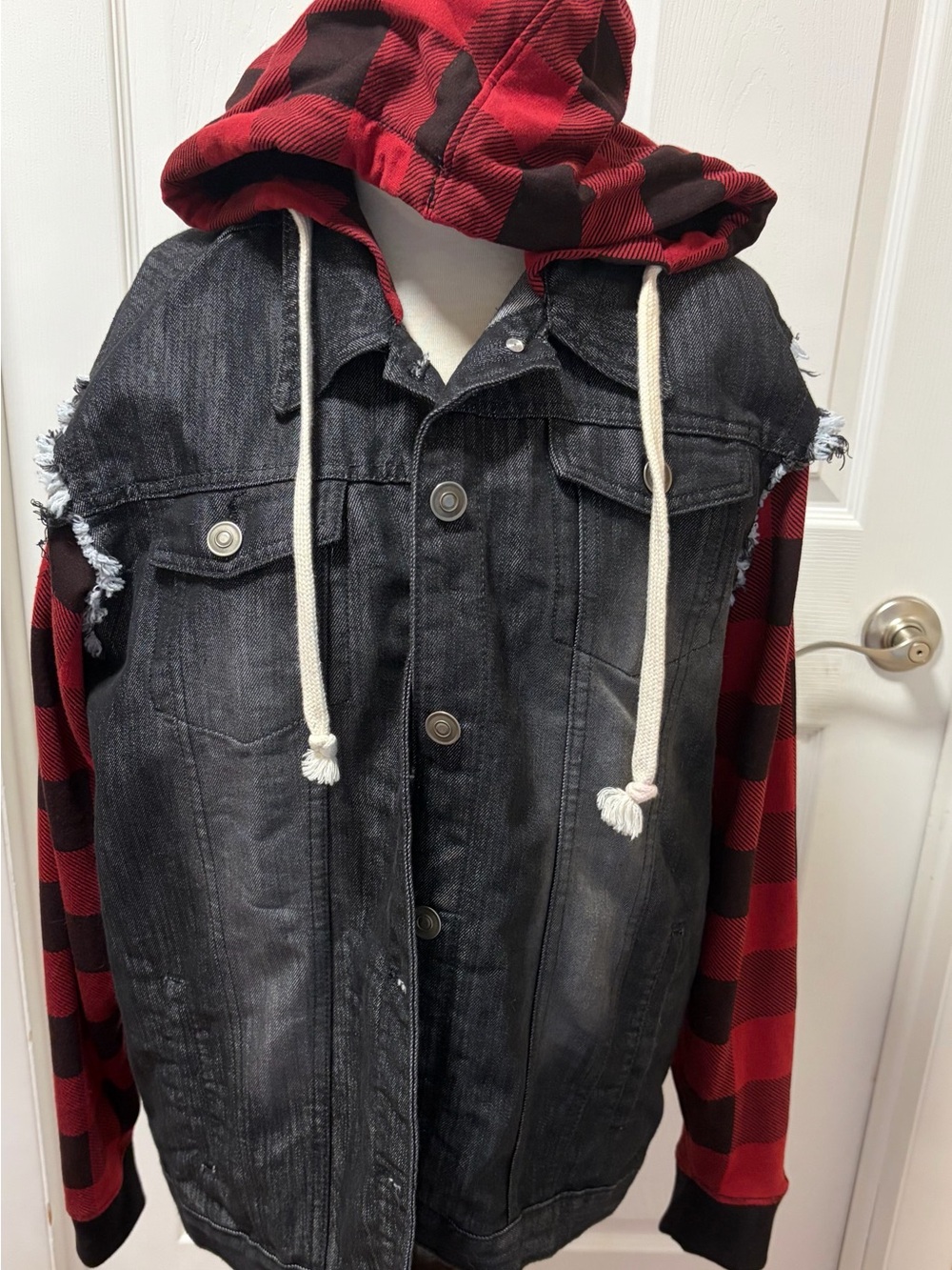 Black Distressed Denim Jacket with Red Buffalo Plaid Hood